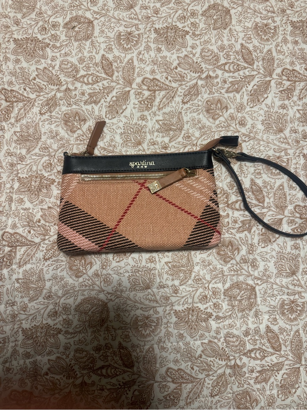 Spartina 449 Peach and Black Plaid Wristlet Clutch